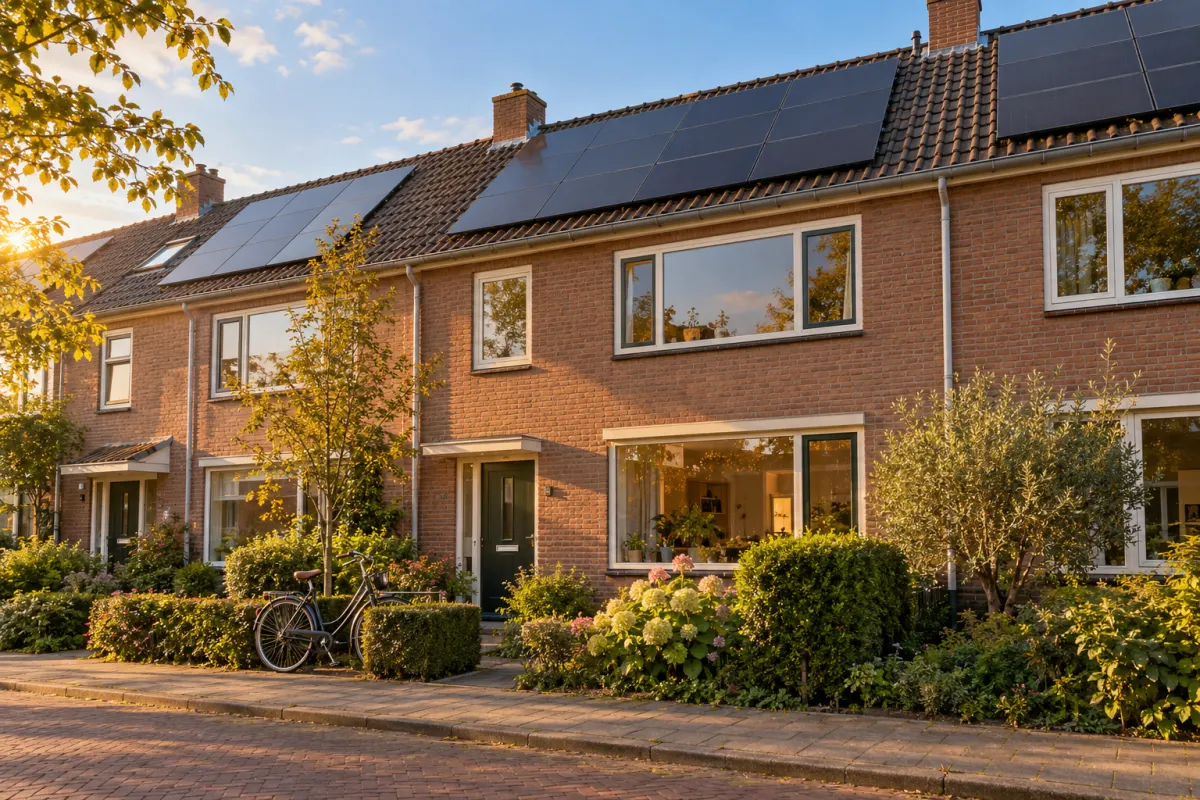 Rij Nederlandse rijtjeshuizen met zonnepanelen op het dak in de avondzon
