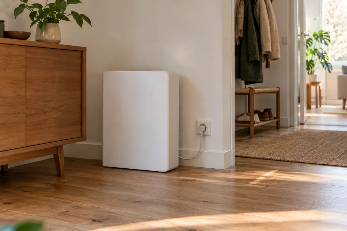 Witte stekkerbatterij in de hoek van een woonkamer, aangesloten op een gewoon stopcontact