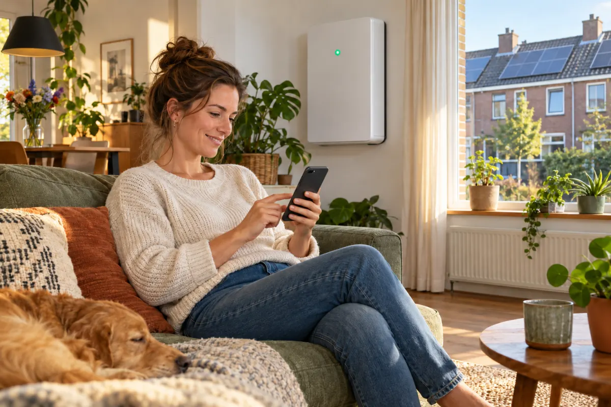 Vrouw op de bank in een zonnige woonkamer met haar telefoon, met een thuisbatterij aan de muur en zonnepanelen op de huizen aan de overkant